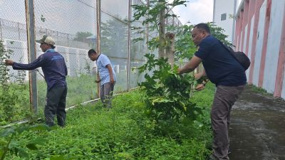 WBP Bersama Petugas Lapas Narkotika Pamekasan Gotong Royong Bersihkan Area Luar Kantor